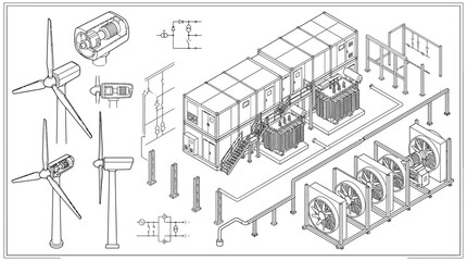 Fototapeta premium A detailed technical isometric line drawing illustrates a modular industrial power substation configuration with transformers and ventilation units.