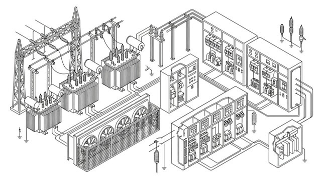 A detailed isometric line art illustration depicts an electrical substation with transformers, switchgear cabinets, and cooling fans.