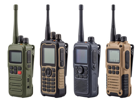 Assortment of four rugged walkie-talkies in png on isolated transparent background