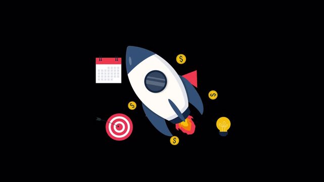 Animated Rocket Launching with Business Growth Symbols. Business Startup