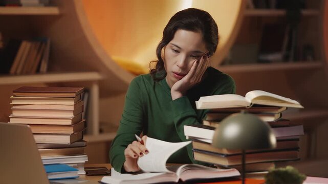 Portrait of tired young Asian woman studying behind stacks of books in library
