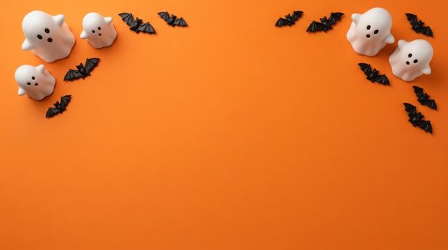 Cute ghost figures and bat decorations arranged on an orange background for Halloween celebrations