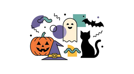 Fototapeta premium Whimsical Halloween Illustration Set Featuring Spooky Pumpkin Ghost Bat and Black Cat Decorative Elements for Seasonal Celebration Design