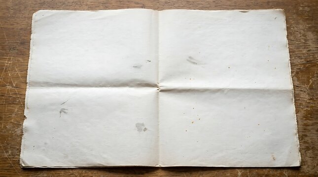 A single sheet of white paper folded into quarters lying flat on a rustic wooden table surface