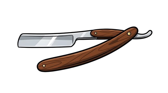 Classic straight razor with a wooden handle isolated on a white background. Cartoon vector illustration of a shaving tool.