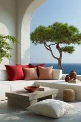 Fototapeta premium Bright mediterranean terrace seating with white sofa and warm red and beige cushions framing ocean view and sculpted pine tree for interior design background and summer poster