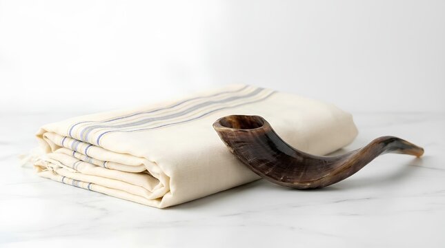 Traditional Jewish shofar and folded tallit prayer shawl on a clean white marble surface.