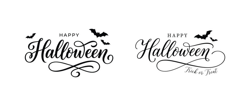 Two sophisticated black brushstroke halloween typography designs feature bats and decorative flourishes on a plain white