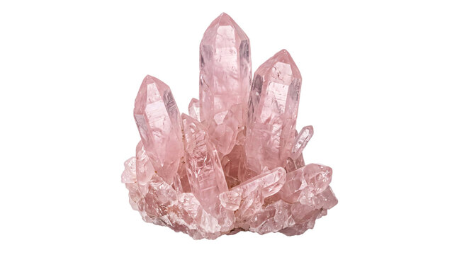 Cluster of pink rose quartz crystals on white png on isolated transparent background