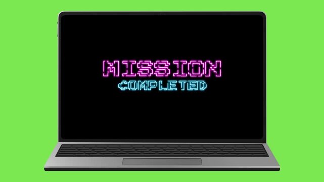 Vibrant 'MISSION COMPLETED' message on a laptop screen, signifying digital achievement, successful task completion, and the ultimate success of an important endeavor