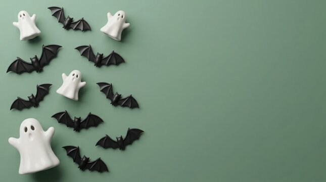 Cute white ghosts and black bats scattered on a muted green background during Halloween season