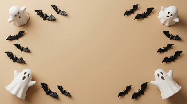 Cute Halloween ghosts and bats scattered on a warm beige background with copy space