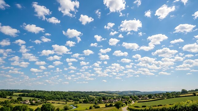 Beautiful scenic landscape view of rolling green hills under a bright blue sky filled with scattered white clouds
