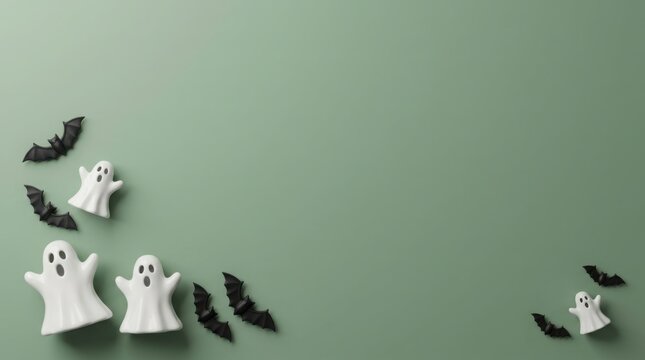Cute white ghost figures and bats in a playful Halloween arrangement with copy space on green background