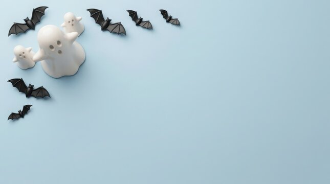 Cute ghost figures and bats scattered against a pale blue background during Halloween