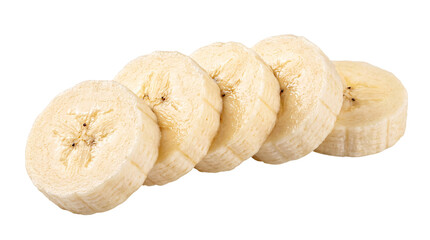 Five sliced banana rounds on a white background, png on isolated, transparent background © PNG Studio 99
