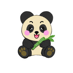 Excited Cute Panda Holding Bamboo in Kawaii Cartoon Style © may