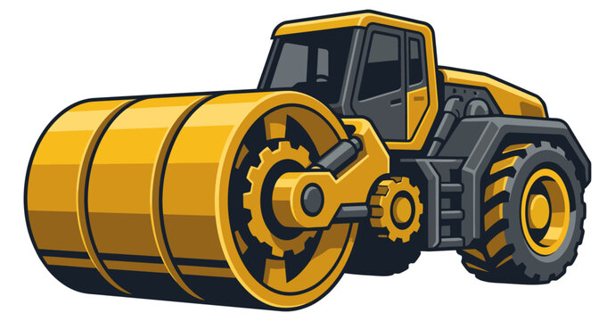 Yellow road roller construction vehicle icon isolated on white background