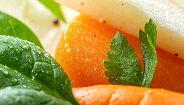 Fresh Ingredients for Healthy Cooking: A close-up shot of vibrant carrots, crisp spinach leaves glistening with water droplets, and fresh parsley, suggesting healthy and delicious meals.