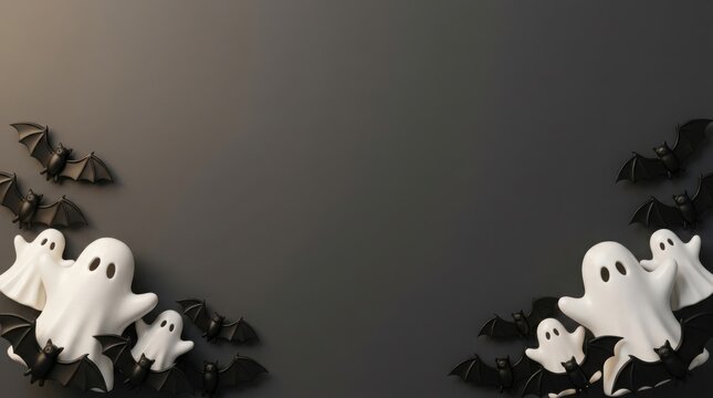 Cute ghost figures and bats arranged on a dark background for Halloween celebrations