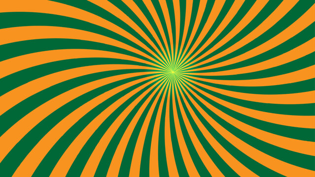 Orange and green spiral sunburst background with radial twisted rays and center glow