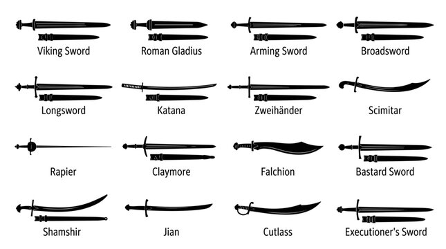 Sword vector icon set with black silhouette medieval and historical blade weapons for design
