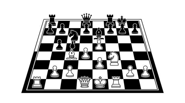 Chess board vector illustration with black and white chess pieces in perspective view for strategy game design