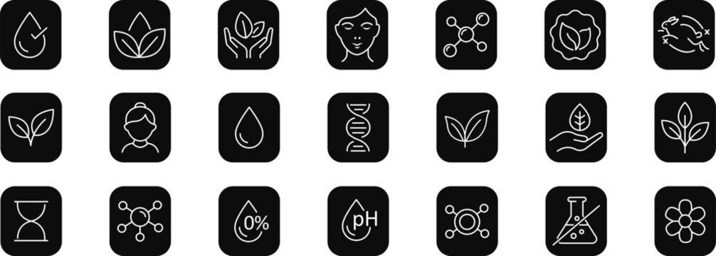 Natural cosmetic and skincare icons set for organic beauty, dermatology, and eco product packaging. Collection of eco friendly cosmetic icons with cruelty free, vegan, organic and paraben free badges.