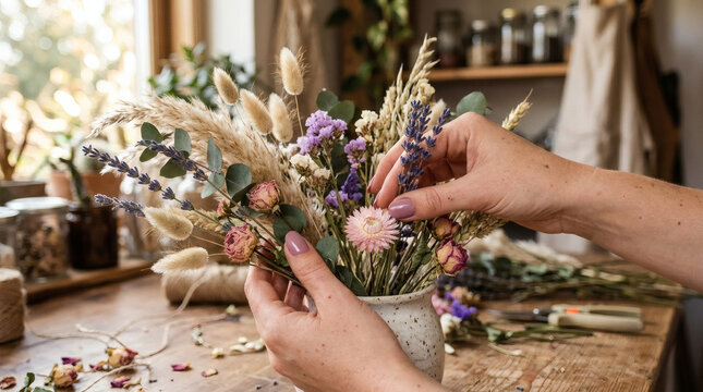 Hands arranging dried flowers in a vase on a wooden table with natural light