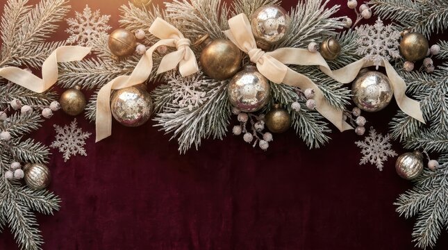 Christmas festive background with frosted pine branches, gold and silver ornaments, and ribbons on a deep red velvet surface