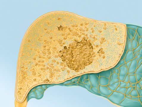 Bile duct damage and inflammation of the liver portal triad in primary biliary cholangitis with soft colors and labels.
