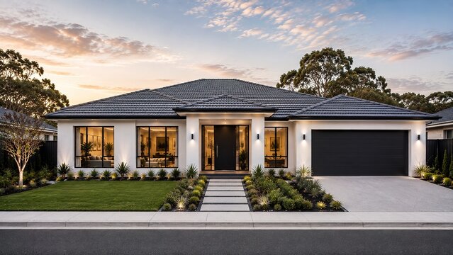 Luxury single story Australian residence with modern architecture, double garage, landscaped front garden and contemporary street facing exterior.