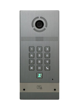 Modern video intercom panel with built-in camera, numeric keypad and wireless access control system isolated on a transparent background