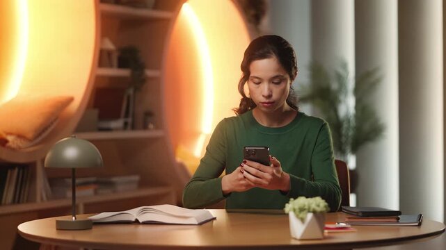 Young Asian female scientist searches information online using phone in library