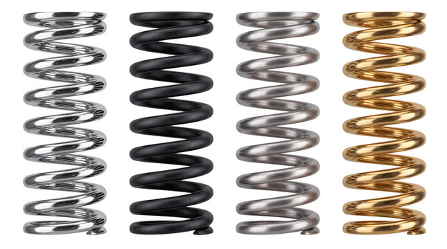 Four metal coil springs in silver, black, silver, png on isolated transparent background