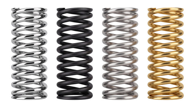 Four metal coil springs in silver, black, silver, png on isolated transparent background