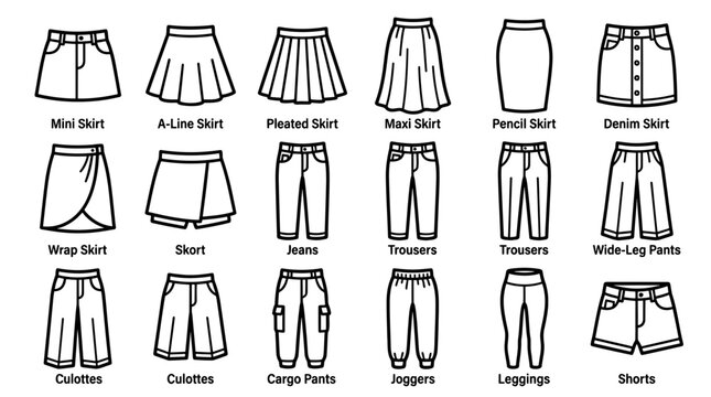 Women's clothing types vector icons set skirts pants and shorts collection