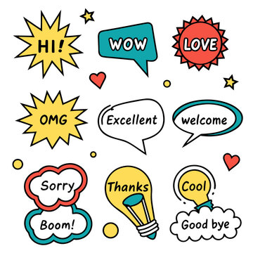 Set of colorful hand drawn comic speech bubbles with various expressions and words on white background