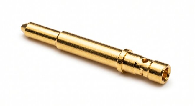 Macro of an ARINC 429 avionics data bus connector pin. Gold-plated brass cylinder with wire crimp barrel for cockpit instrumentation. White background.