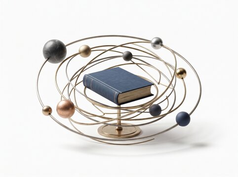 Minimalist solar system model with blue book, elegant brass orrery sculpture, celestial education concept on white background
