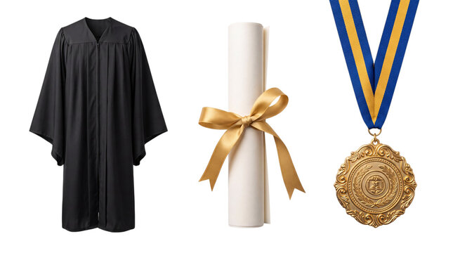 Graduation regalia: black gown, diploma scroll, png on isolated transparent background