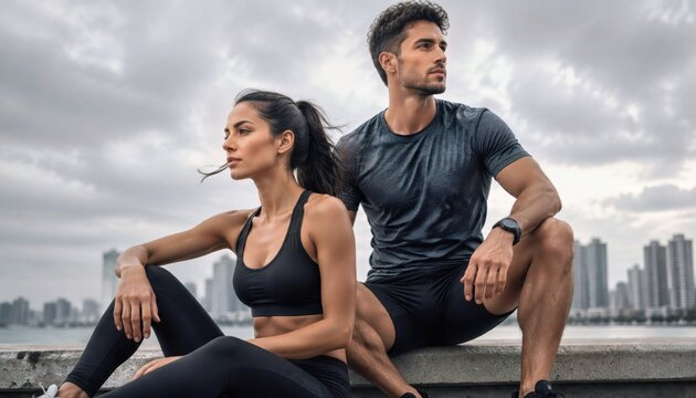 Athletic couple stretching outdoors against a cloudy city skyline, modern active lifestyle scene for wellness marketing, fitness branding, and advertising.

