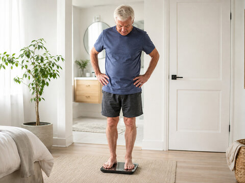 Senior man checking body weight on digital scale at home