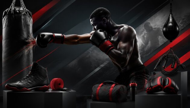 Muscular boxer punching a heavy bag in a dark gym with red accents, dramatic combat training scene for sports branding and fitness advertising.

