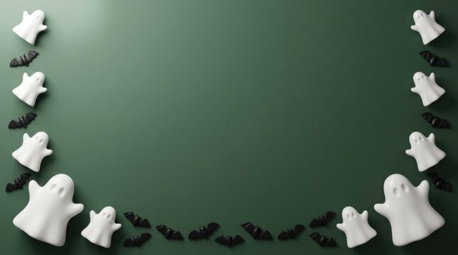 Cute ghost and bat decorations framing empty space on a dark green background