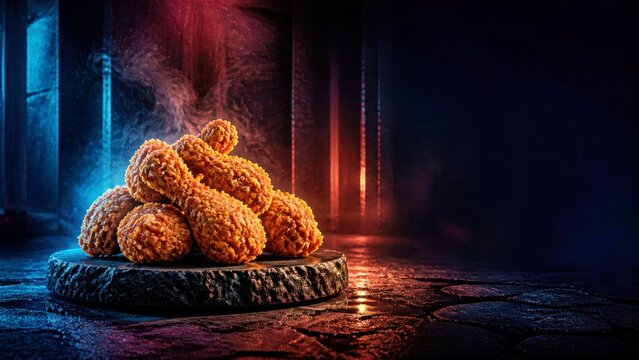 Golden fried bites on a dark stone plate with dramatic blue and amber lighting, gourmet fried snack scene for restaurant menu advertising.

