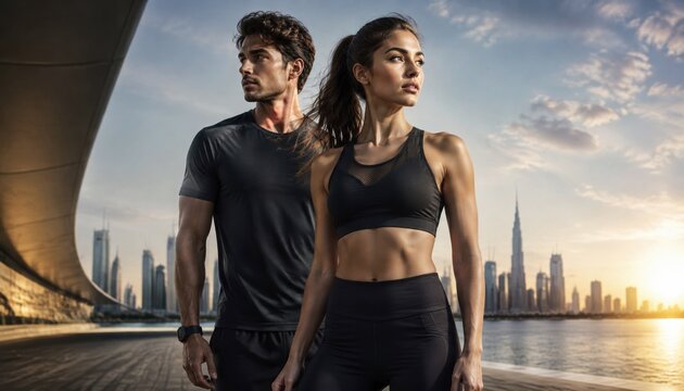 Athletic fitness couple standing beneath modern architecture with Dubai skyline at sunset, active lifestyle and wellness concept for sports branding.

