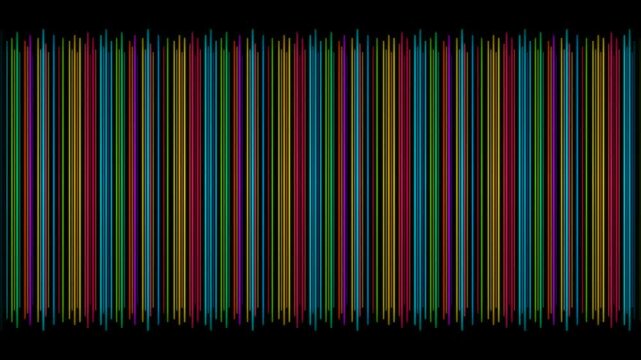 Abstract Digital Sequence of Vibrant Multi Colored Vertical Lines Creating a Rhythmic Pattern on a Solid Black Background for Tech Concept