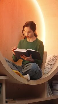 Focused Korean female reads a book in modern library, preparing for exams