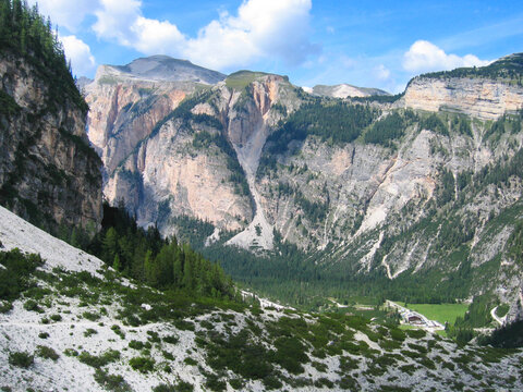 upper part of the Fanes Valley - Val di Fanes, toward the iconic Peder&uuml; mountain inn visible in the bottom right corner. South Tyrol, Italy